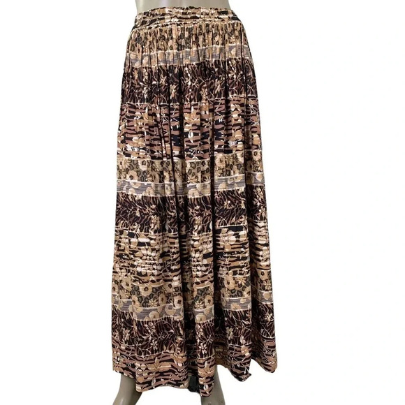 STONEBRIDGE Vintage Pleated Floral Maxi Skirt Size M Brown Pull On Elastic Waist - Picture 1 of 11